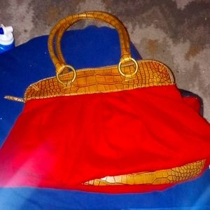 Simply Vera Wang - Red Canvas Leather Reptile Handbag Bag Purse - 16"x9"x